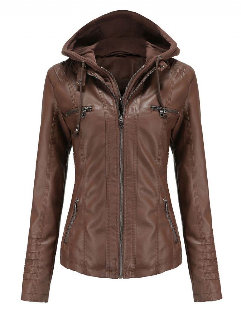 Kunstleer Jack Afneembare Capuchon Pu Ritssluiting Effen Kleur Lente Herfst Straat Biker Bovenkleding Dames - Koffiebruin