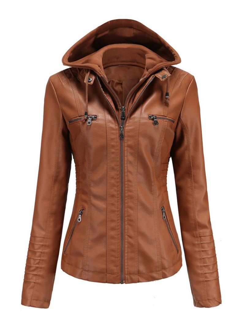 Kunstleer Jack Afneembare Capuchon Pu Ritssluiting Effen Kleur Lente Herfst Straat Biker Bovenkleding Dames - Camel