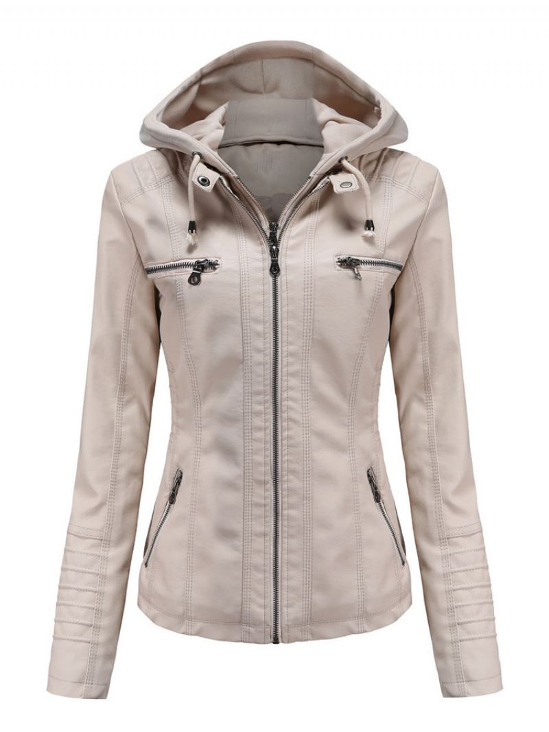 Kunstleer Jack Afneembare Capuchon Pu Ritssluiting Effen Kleur Lente Herfst Straat Biker Bovenkleding Dames - Beige