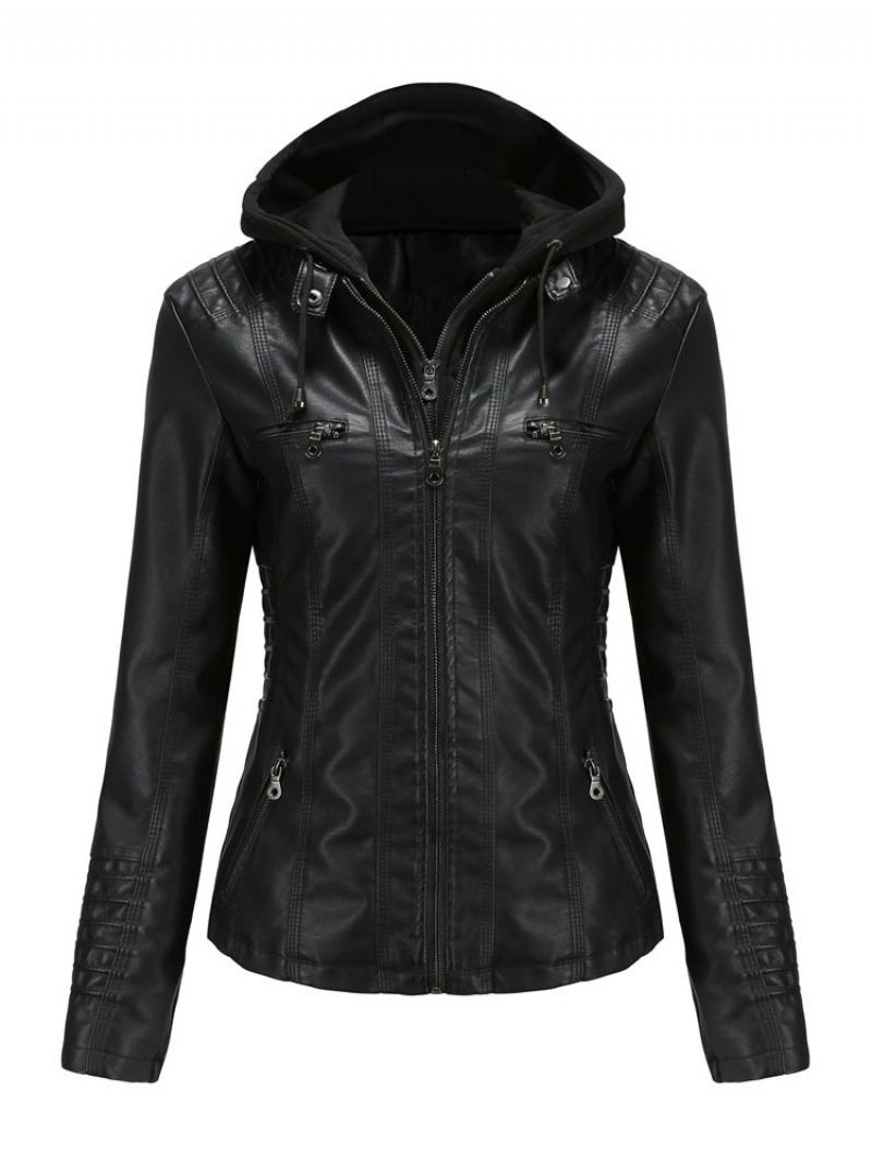 Kunstleer Jack Afneembare Capuchon Pu Ritssluiting Effen Kleur Lente Herfst Straat Biker Bovenkleding Dames - Zwart