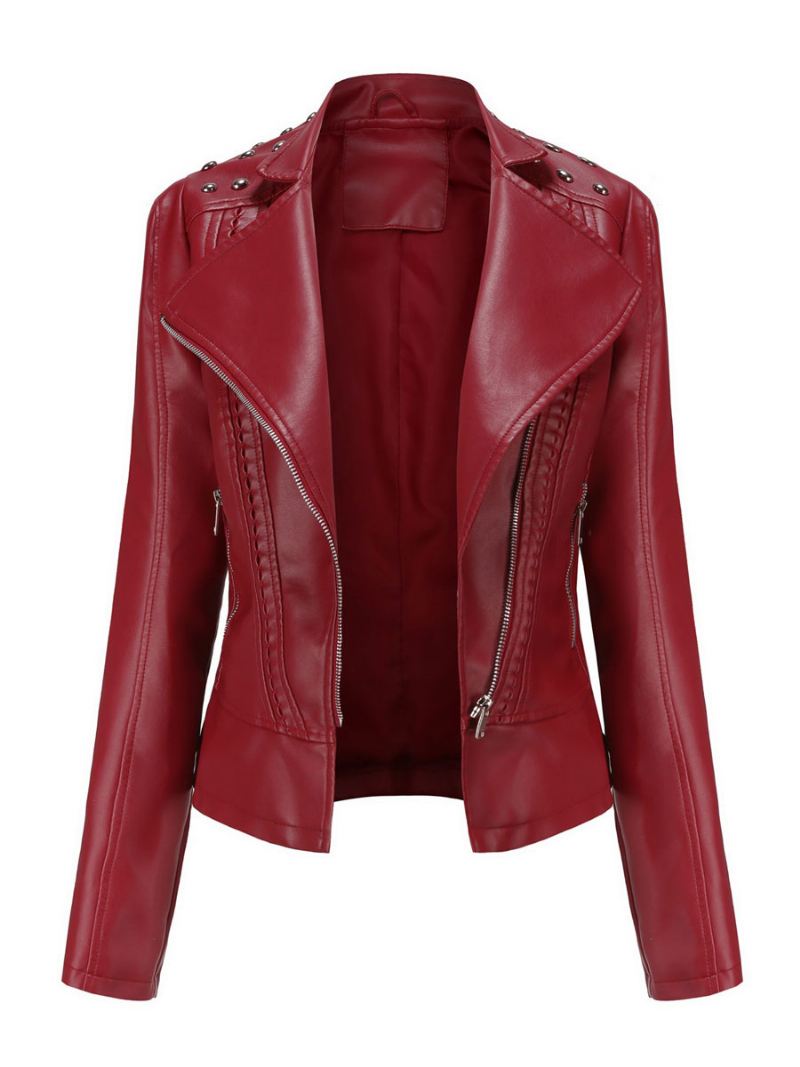 Kunstleer Jack Roze Pu Opstaande Kraag Klinknagel Ritssluiting Lente Herfst Straat Biker Bovenkleding Dames - Bordeauxrood