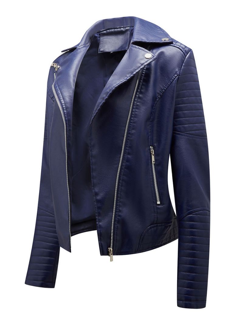 Kunstleer Moto-jas Kraag Geel Pu Ontspannen Pasvorm Lente Herfst Biker-bovenkleding Dames - Donker Marineblauw