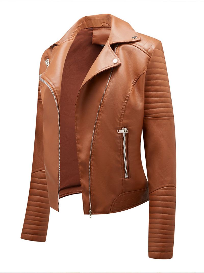 Kunstleer Moto-jas Kraag Geel Pu Ontspannen Pasvorm Lente Herfst Biker-bovenkleding Dames - Camel