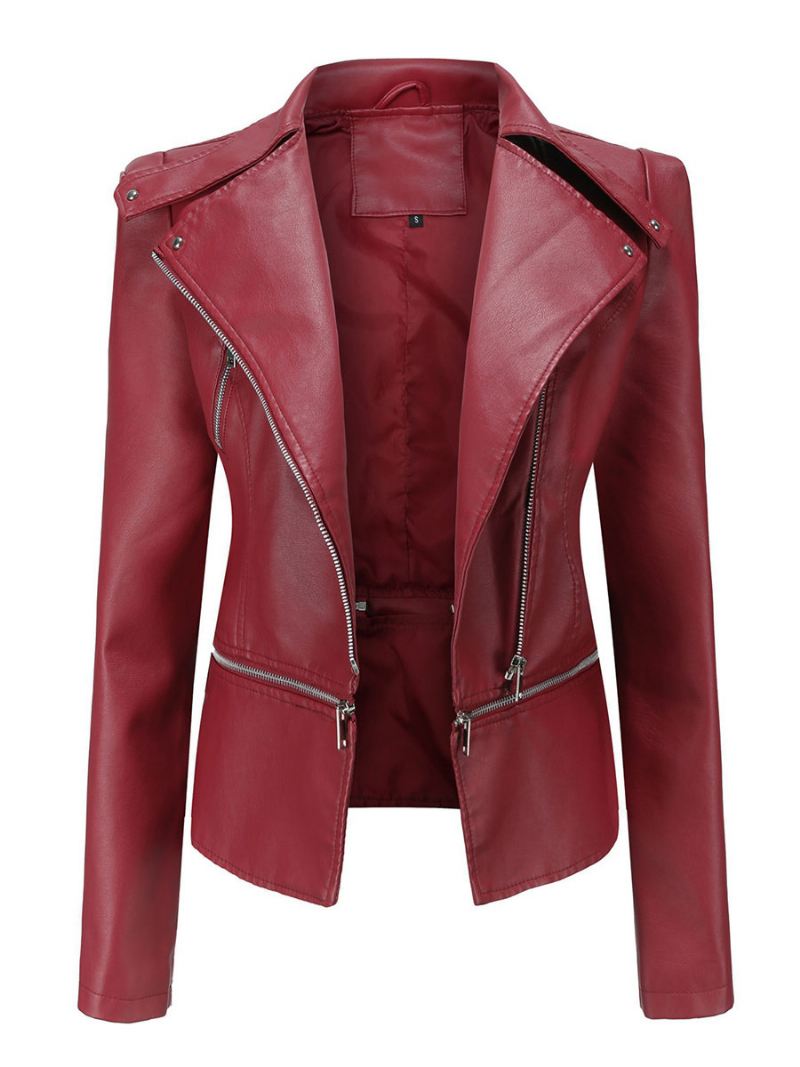 Kunstleer Moto-jas Licht Abrikoos Pu Afneembare Zoom Revers Rits Lente Herfst Veld Biker Bovenkleding Dames - Bordeauxrood