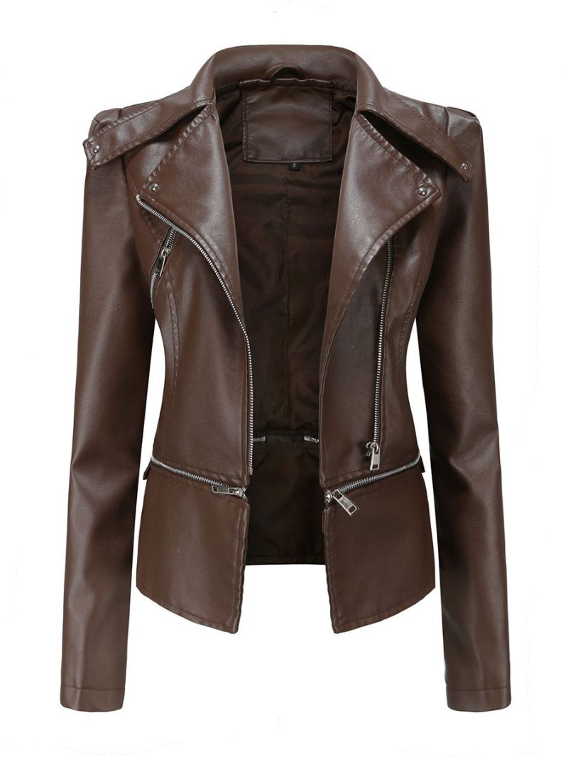 Kunstleer Moto-jas Licht Abrikoos Pu Afneembare Zoom Revers Rits Lente Herfst Veld Biker Bovenkleding Dames - Diepbruin