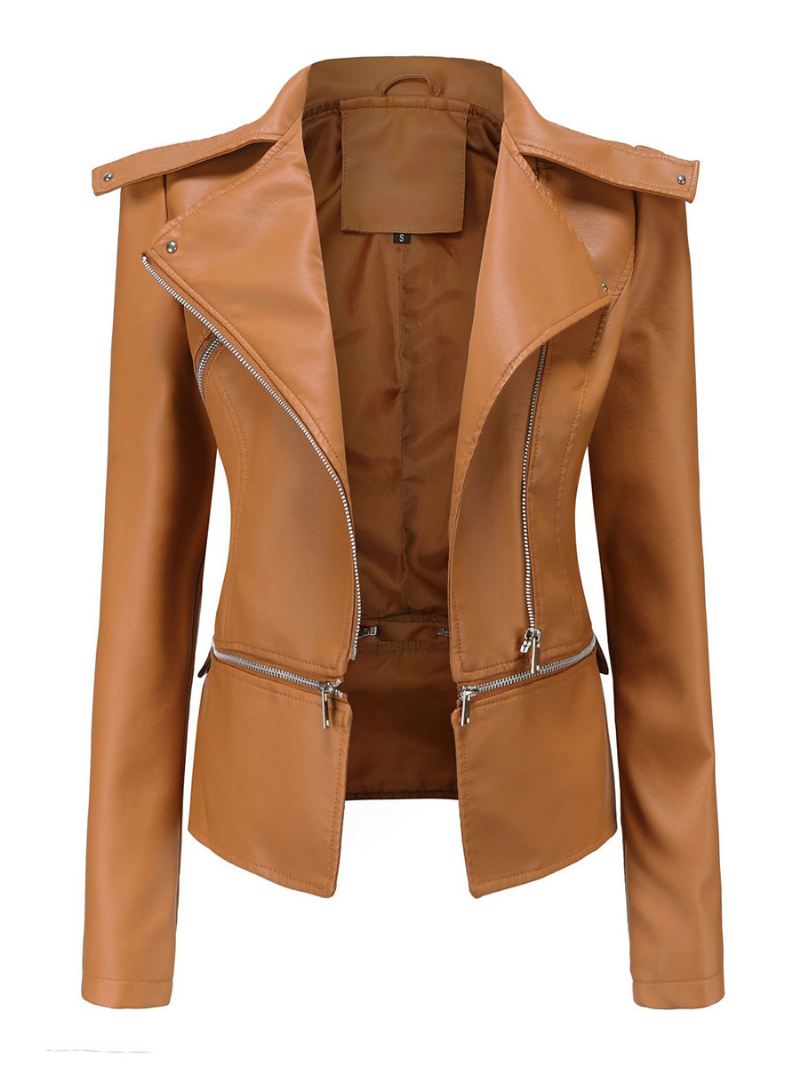 Kunstleer Moto-jas Licht Abrikoos Pu Afneembare Zoom Revers Rits Lente Herfst Veld Biker Bovenkleding Dames - Camel