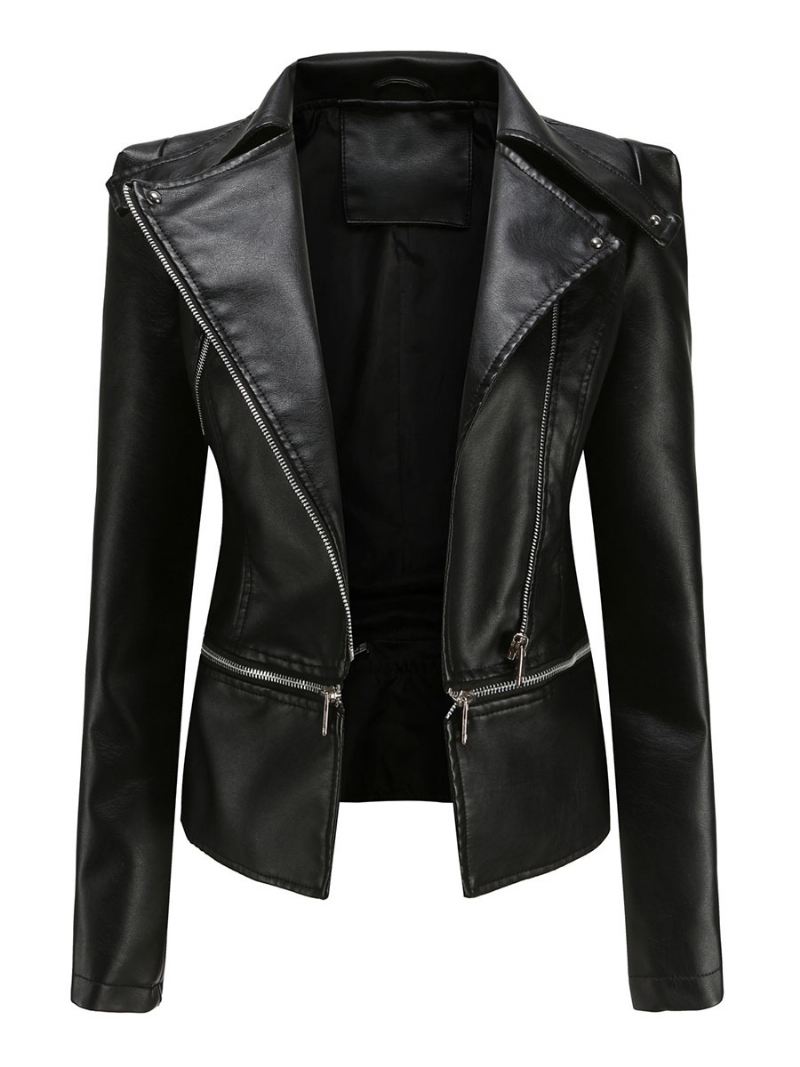 Kunstleer Moto-jas Licht Abrikoos Pu Afneembare Zoom Revers Rits Lente Herfst Veld Biker Bovenkleding Dames - Zwart