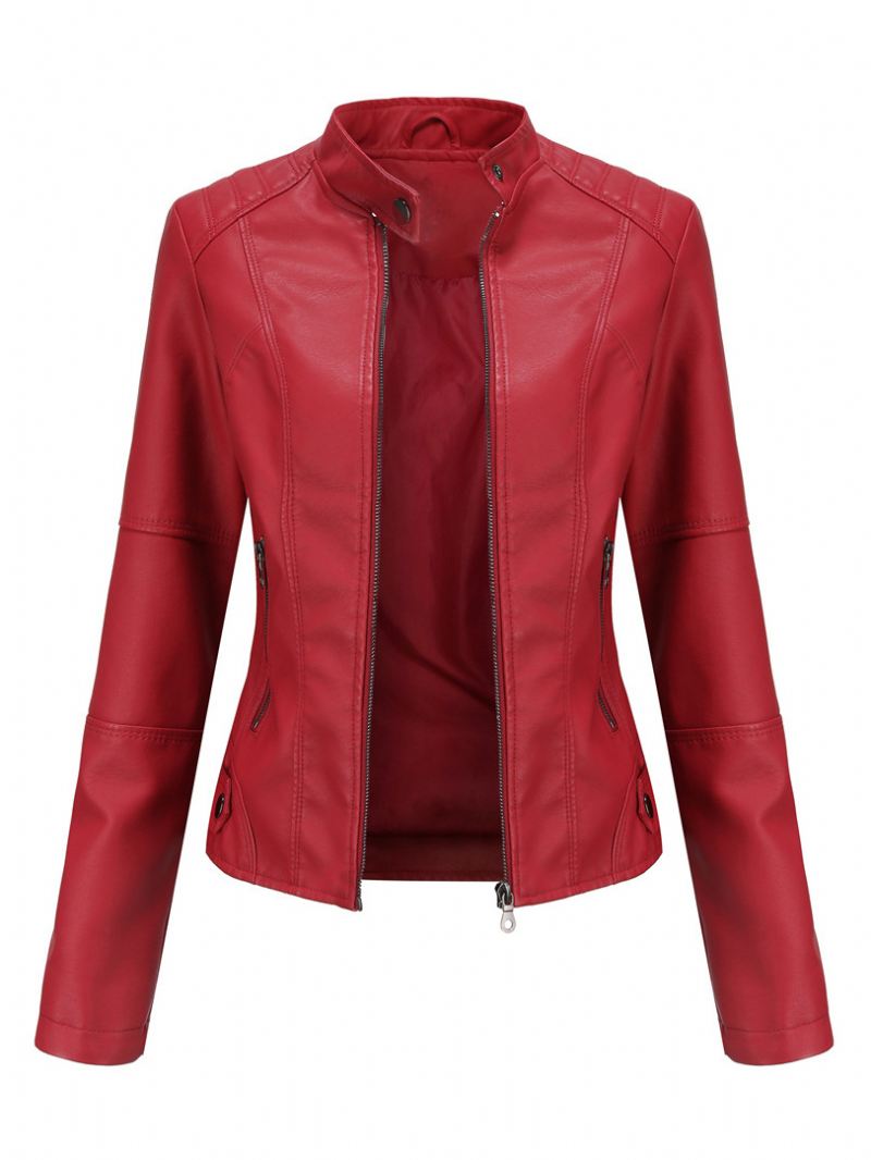 Kunstleer Moto-jas Stand Kraag Rits Rood Effen Kleur Pu Lente Herfst Biker Bovenkleding Dames - Rood