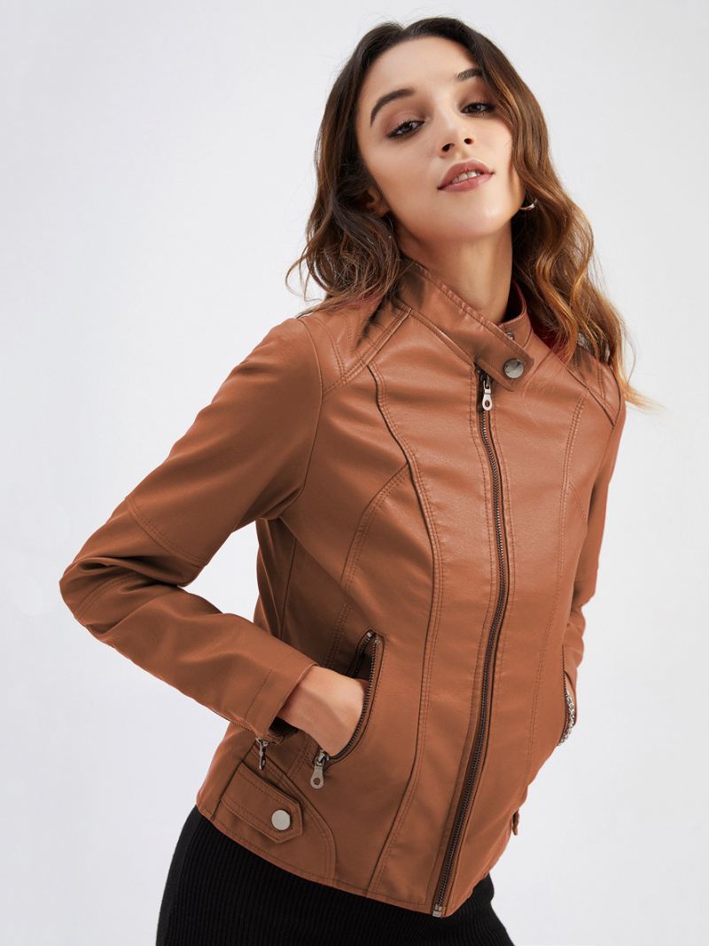 Kunstleer Moto-jas Stand Kraag Rits Rood Effen Kleur Pu Lente Herfst Biker Bovenkleding Dames - Camel