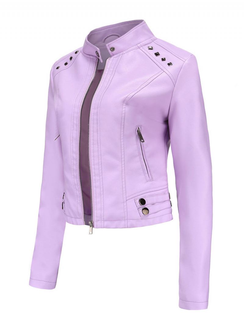 Kunstleren Jas Pu-klinknagel Met Ritssluiting Opstaande Kraag Lente Herfst Straat Biker-bovenkleding Dames - Lila