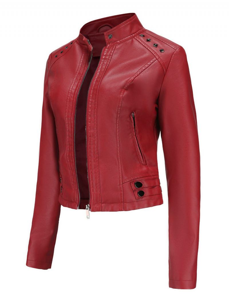 Kunstleren Jas Pu-klinknagel Met Ritssluiting Opstaande Kraag Lente Herfst Straat Biker-bovenkleding Dames - Bordeauxrood