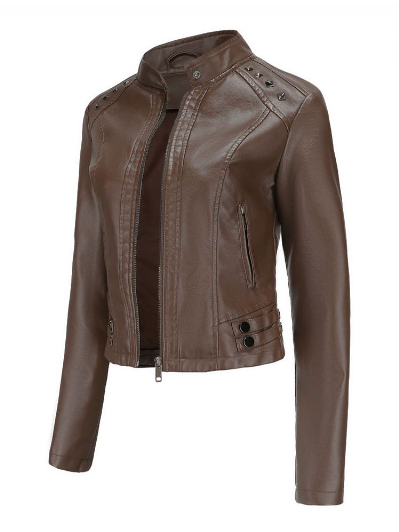 Kunstleren Jas Pu-klinknagel Met Ritssluiting Opstaande Kraag Lente Herfst Straat Biker-bovenkleding Dames - Diepbruin