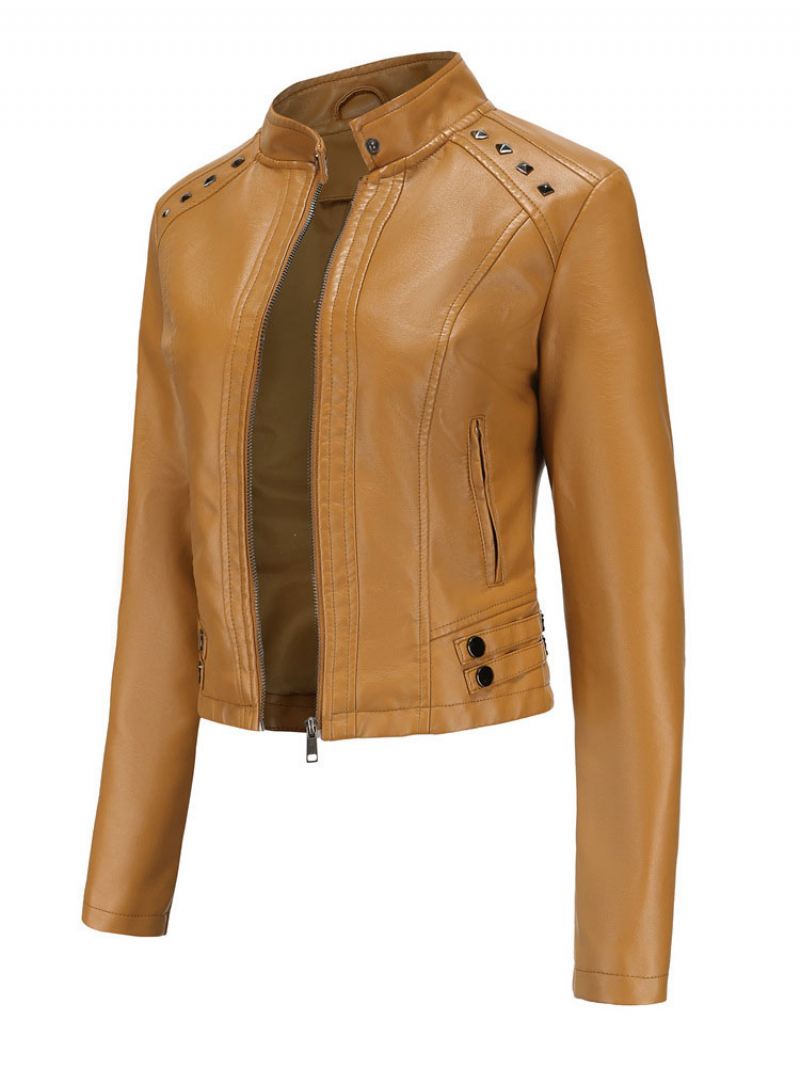 Kunstleren Jas Pu-klinknagel Met Ritssluiting Opstaande Kraag Lente Herfst Straat Biker-bovenkleding Dames - Camel