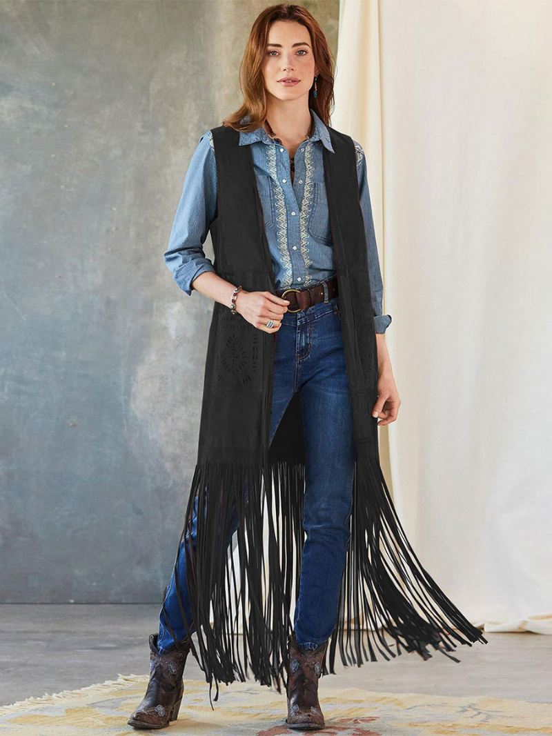 Lang Vestjack Fringe Mouwloze Boheemse Bovenkleding Dames - Zwart