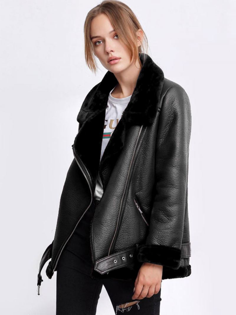 Leren Damesjack Imitatie-shearling Pu-motojack Winterbovenkleding