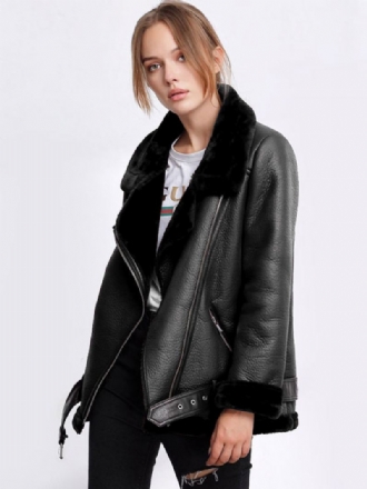 Leren Damesjack Imitatie-shearling Pu-motojack Winterbovenkleding