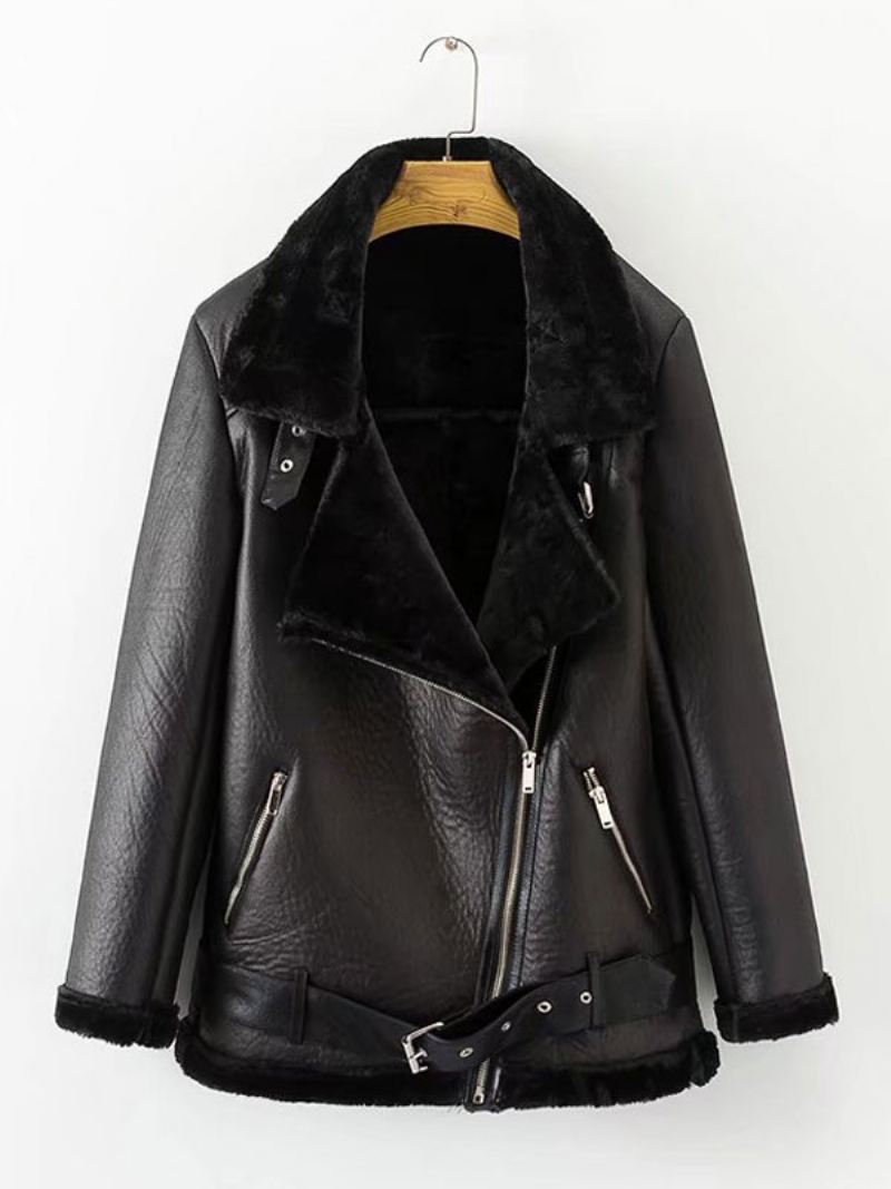 Leren Damesjack Imitatie-shearling Pu-motojack Winterbovenkleding - Zwart