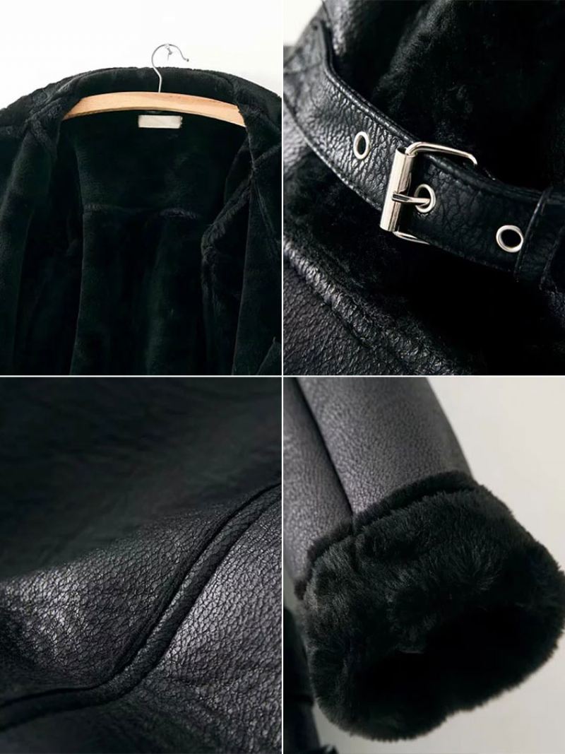 Leren Damesjack Imitatie-shearling Pu-motojack Winterbovenkleding - Zwart