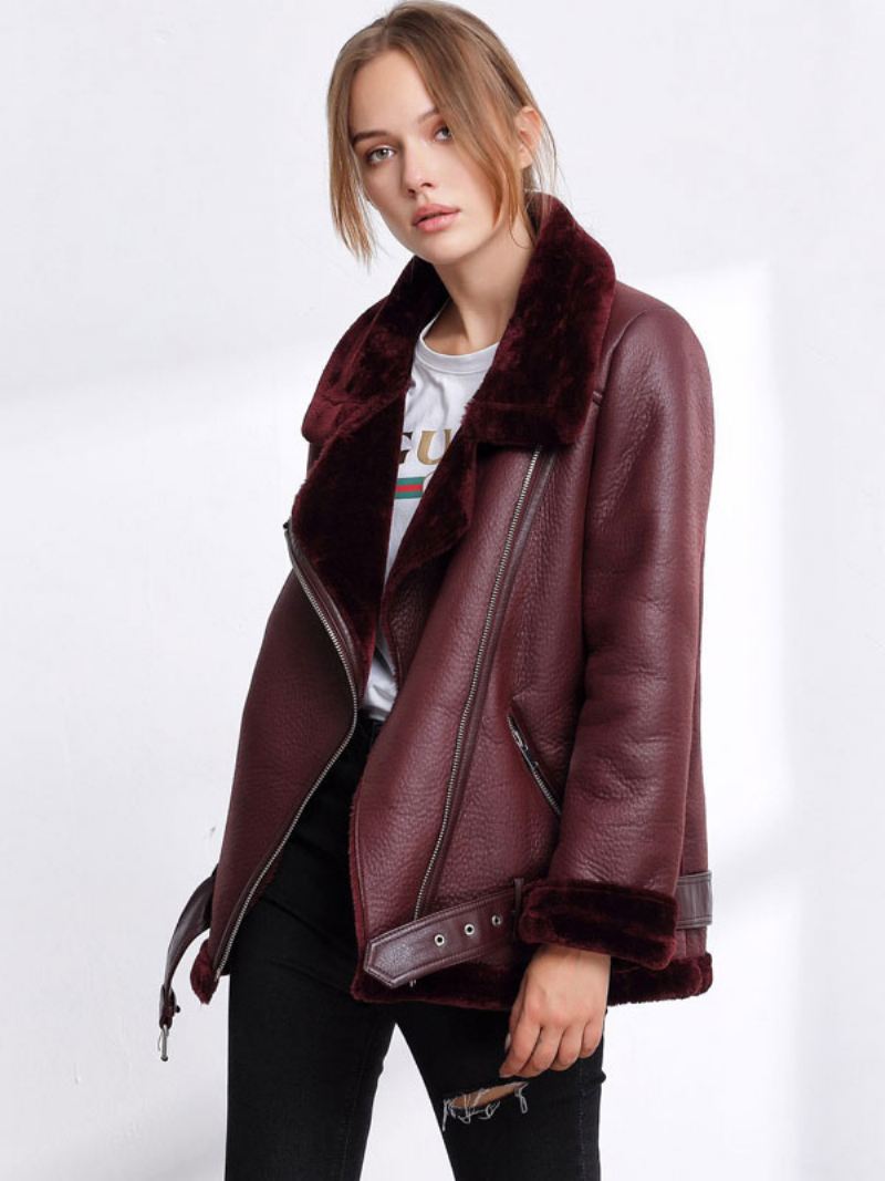 Leren Damesjack Imitatie-shearling Pu-motojack Winterbovenkleding - Bordeauxrood