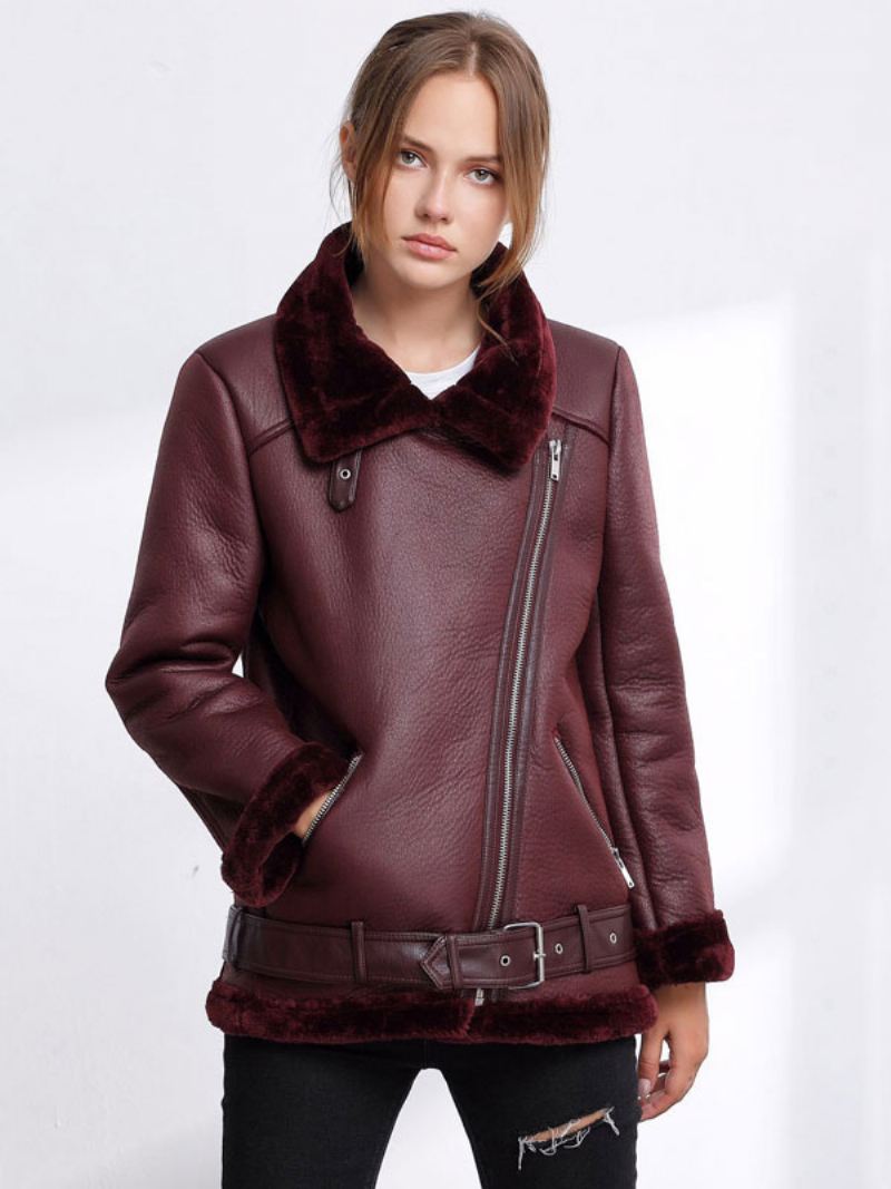 Leren Damesjack Imitatie-shearling Pu-motojack Winterbovenkleding - Bordeauxrood