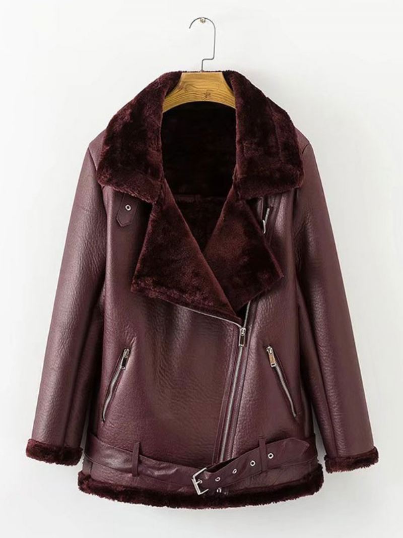 Leren Damesjack Imitatie-shearling Pu-motojack Winterbovenkleding - Bordeauxrood