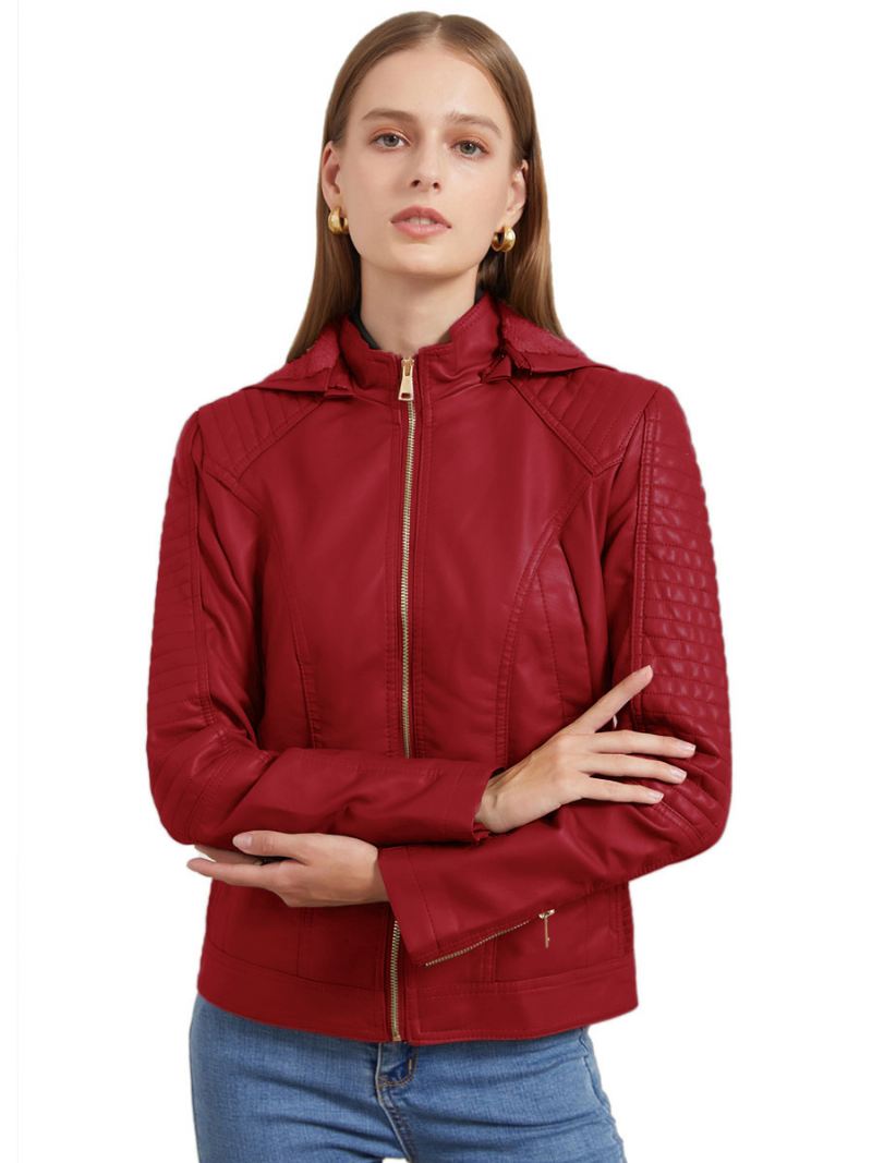 Moto-jas Dames Pu-leer Lente-bovenkleding Met Capuchon - Rood