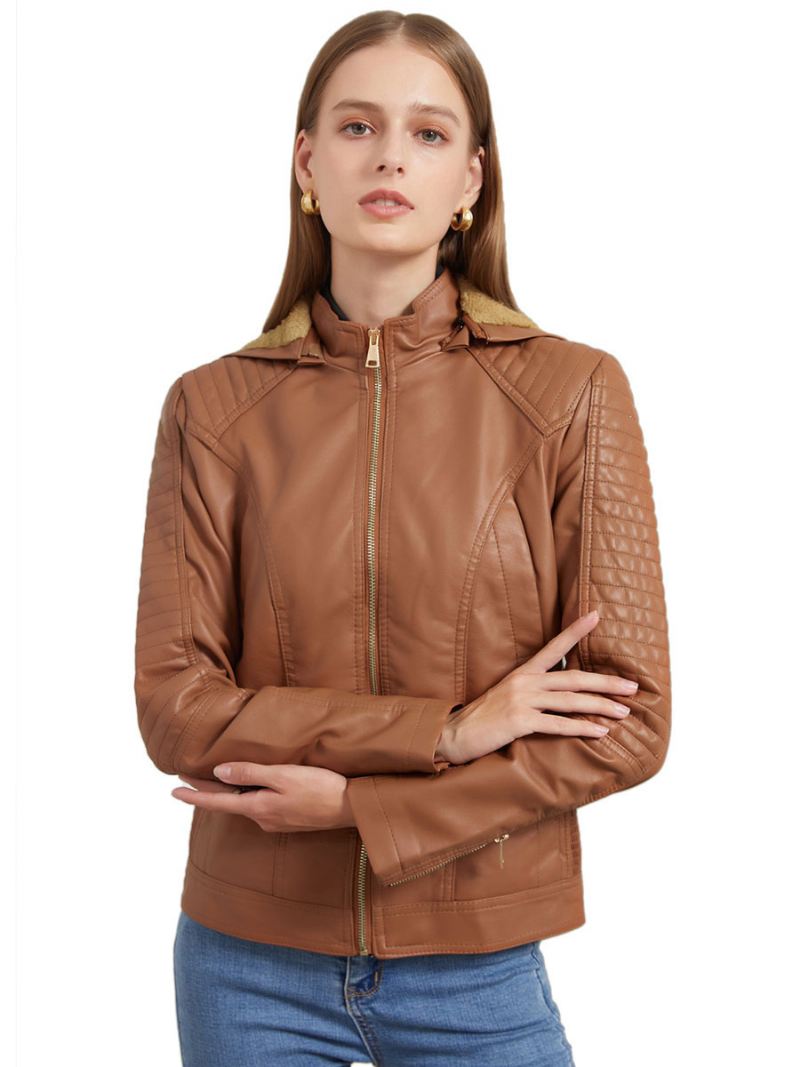 Moto-jas Dames Pu-leer Lente-bovenkleding Met Capuchon - Camel