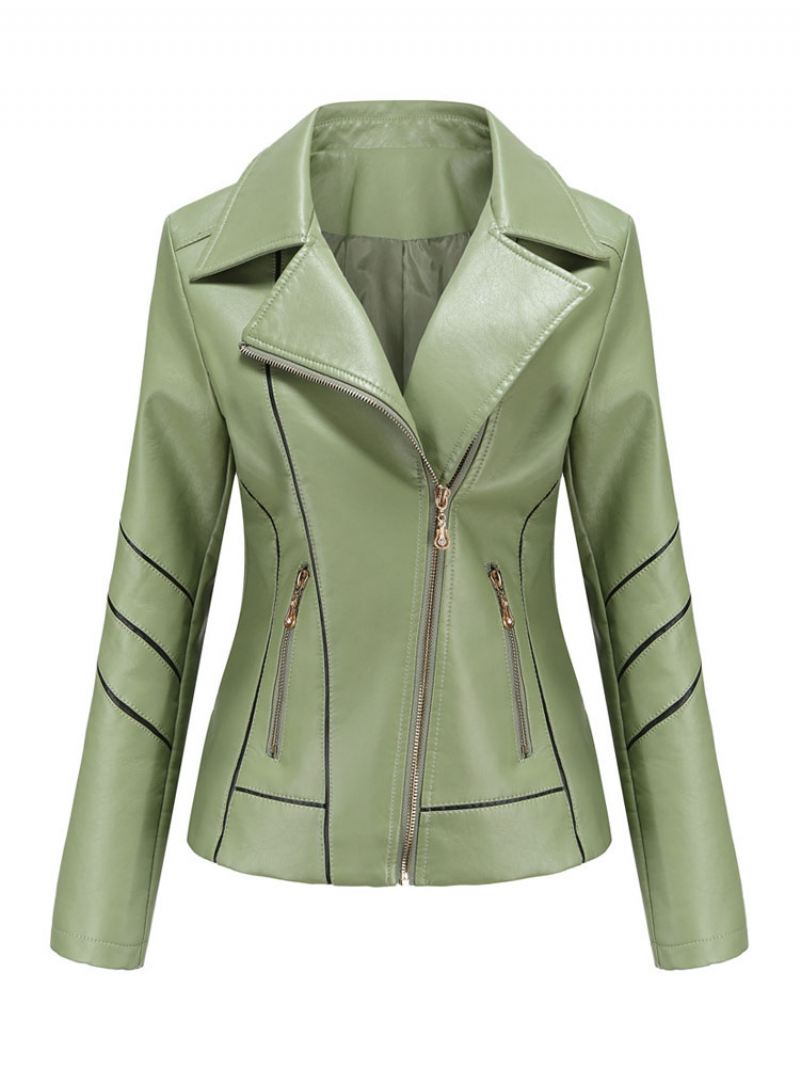 Moto-jas Kunstleer Ecru Wit Pu Tweekleurige Reversrits Lente Herfst Veldbiker-bovenkleding Dames - Groen