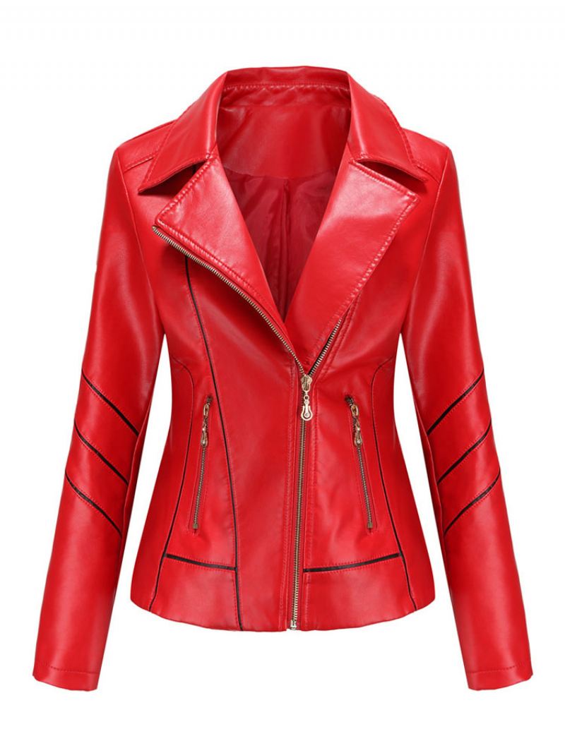 Moto-jas Kunstleer Ecru Wit Pu Tweekleurige Reversrits Lente Herfst Veldbiker-bovenkleding Dames - Rood