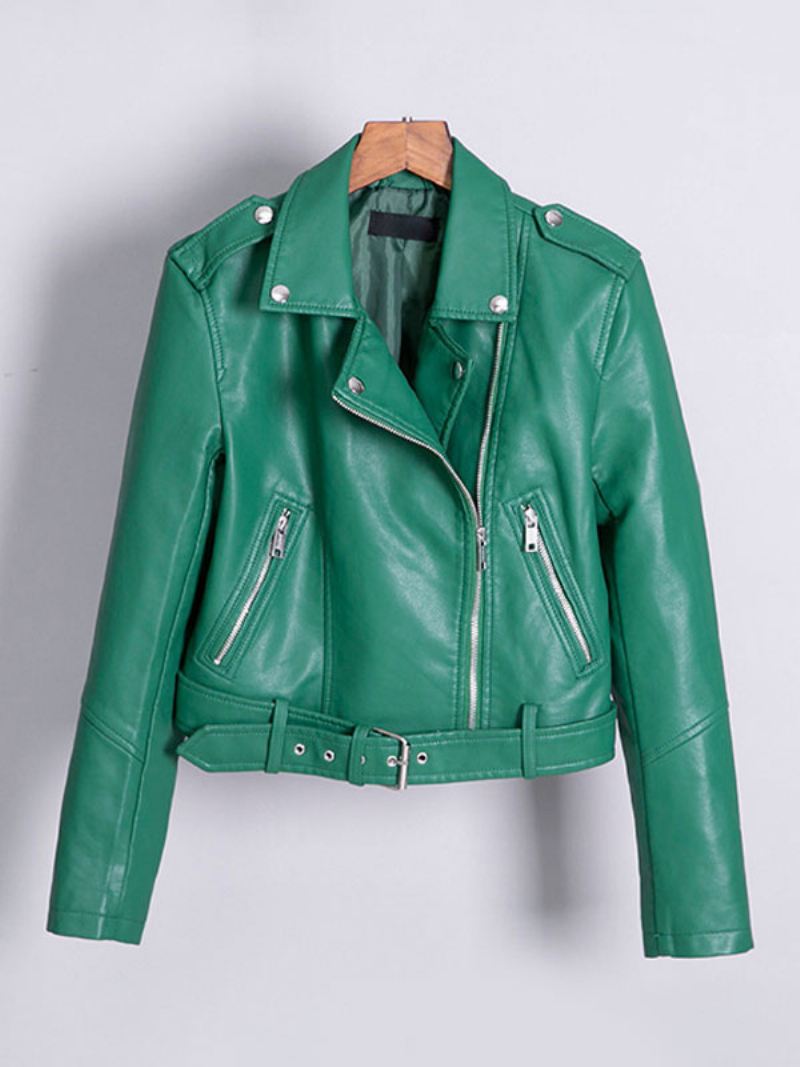 Moto-jas Kunstleer Witte Pu-kraag Lange Mouw Vriendje-stijl Ritssluiting Casual Lente-herfst Biker-bovenkleding Dames - Groen