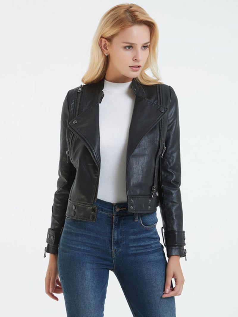 Moto-jas Kunstleer Zwarte Opstaande Kraag Pu-knop Vriendjesstijl Relaxte Pasvorm Lange Mouw Casual Lente-herfst Biker-bovenkleding Dames - Zwart