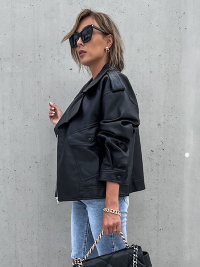 Moto-jas Kunstleer Zwarte Revers Pu-oversized Lente-herfst Biker-bovenkleding Dames - Zwart