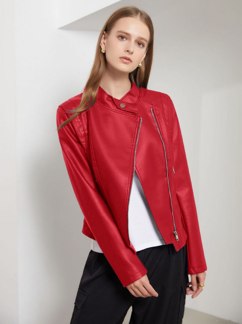 Pu Lederen Moto-jas Met Opstaande Kraag Lente Biker Bovenkleding Dames - Rood