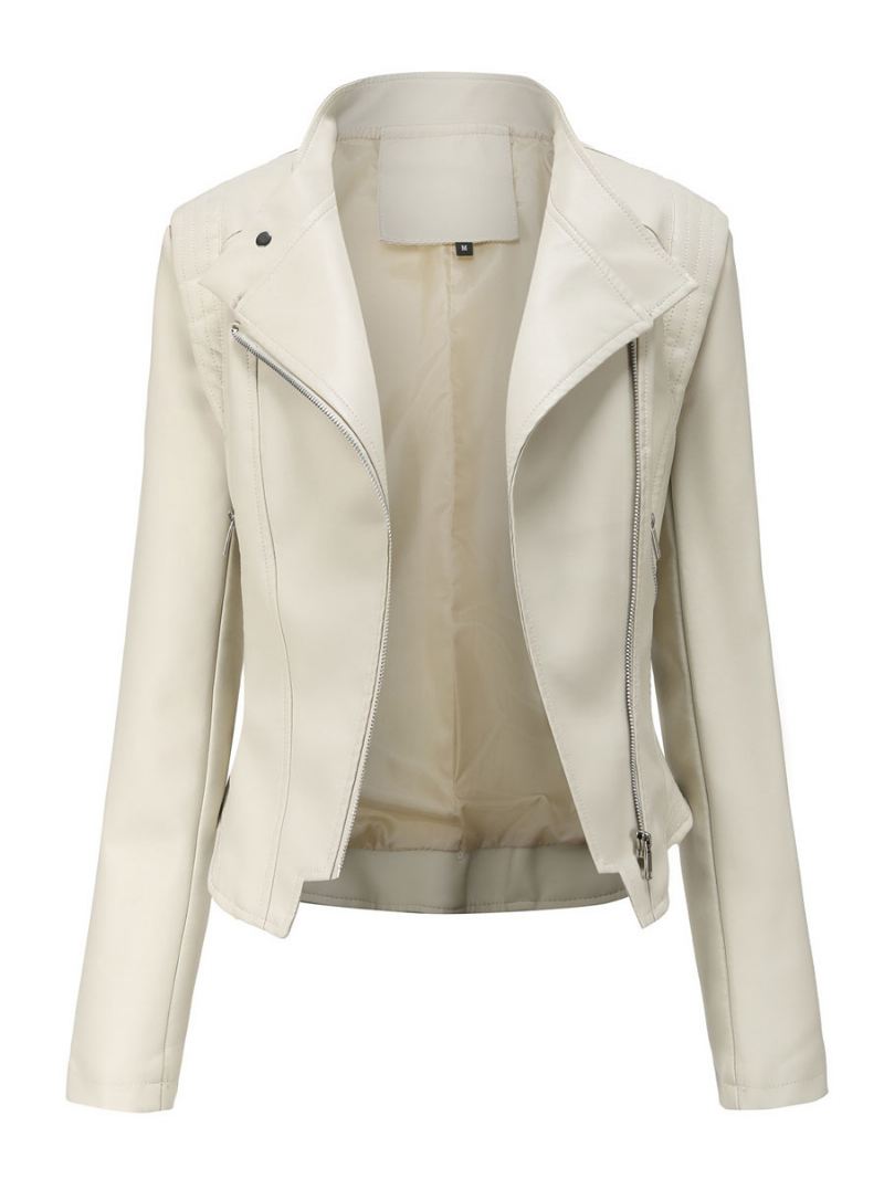 Pu Lederen Moto-jas Met Opstaande Kraag Lente Biker Bovenkleding Dames - Beige