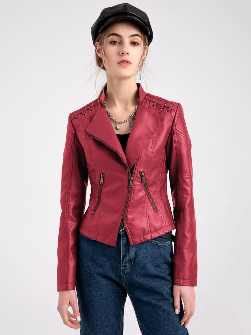 Pu Lederen Motorjas Hoge Taille Lente Biker Bovenkleding Dames - Rood