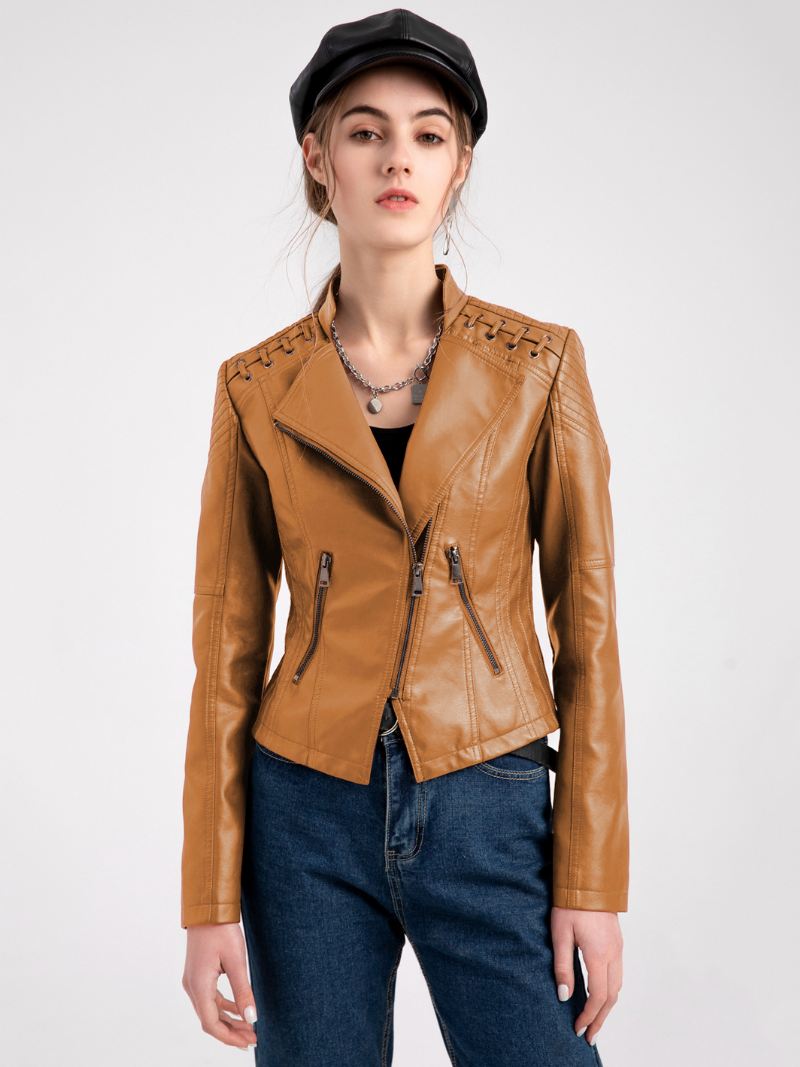 Pu Lederen Motorjas Hoge Taille Lente Biker Bovenkleding Dames - Camel