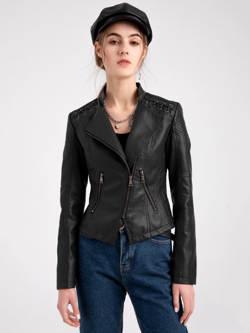 Pu Lederen Motorjas Hoge Taille Lente Biker Bovenkleding Dames - Zwart