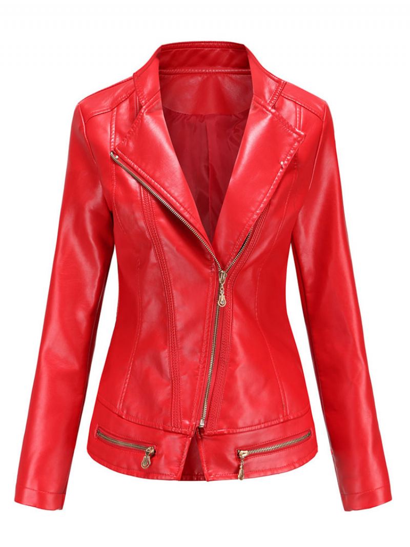 Pu Lederen Motorjas Met Ritssluiting Lente-biker-bovenkleding Dames - Rood