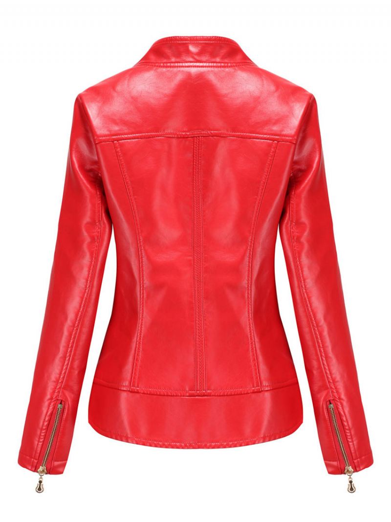 Pu Lederen Motorjas Met Ritssluiting Lente-biker-bovenkleding Dames - Rood