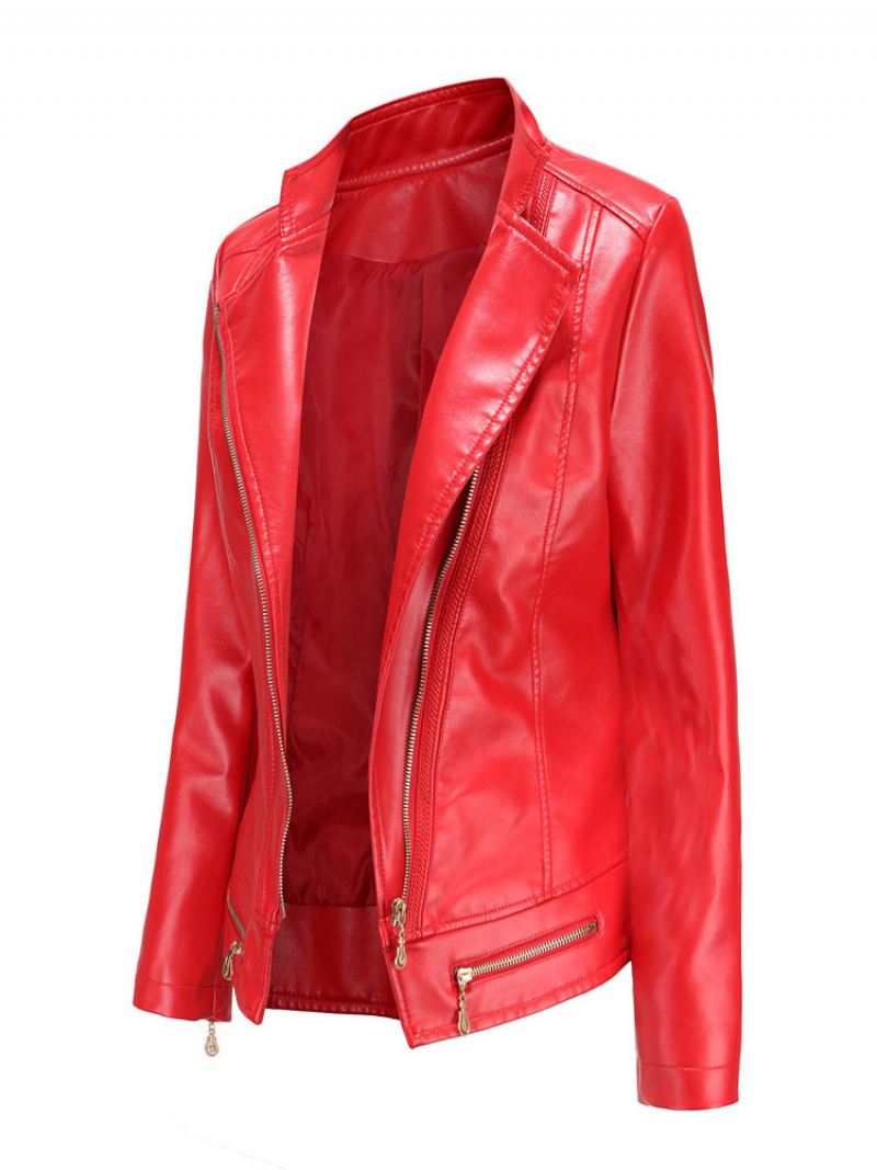 Pu Lederen Motorjas Met Ritssluiting Lente-biker-bovenkleding Dames - Rood