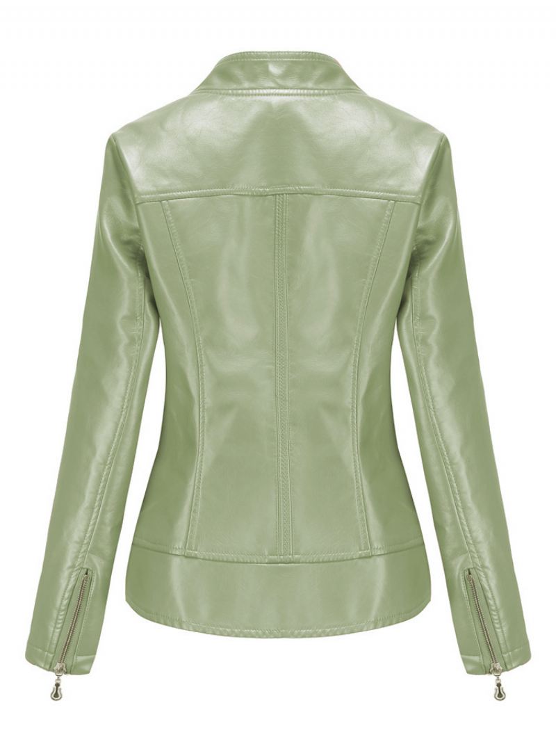 Pu Lederen Motorjas Met Ritssluiting Lente-biker-bovenkleding Dames - Salie