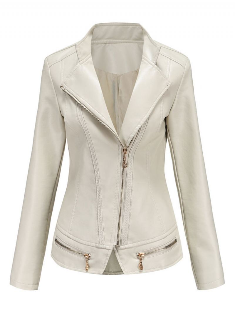 Pu Lederen Motorjas Met Ritssluiting Lente-biker-bovenkleding Dames - Beige