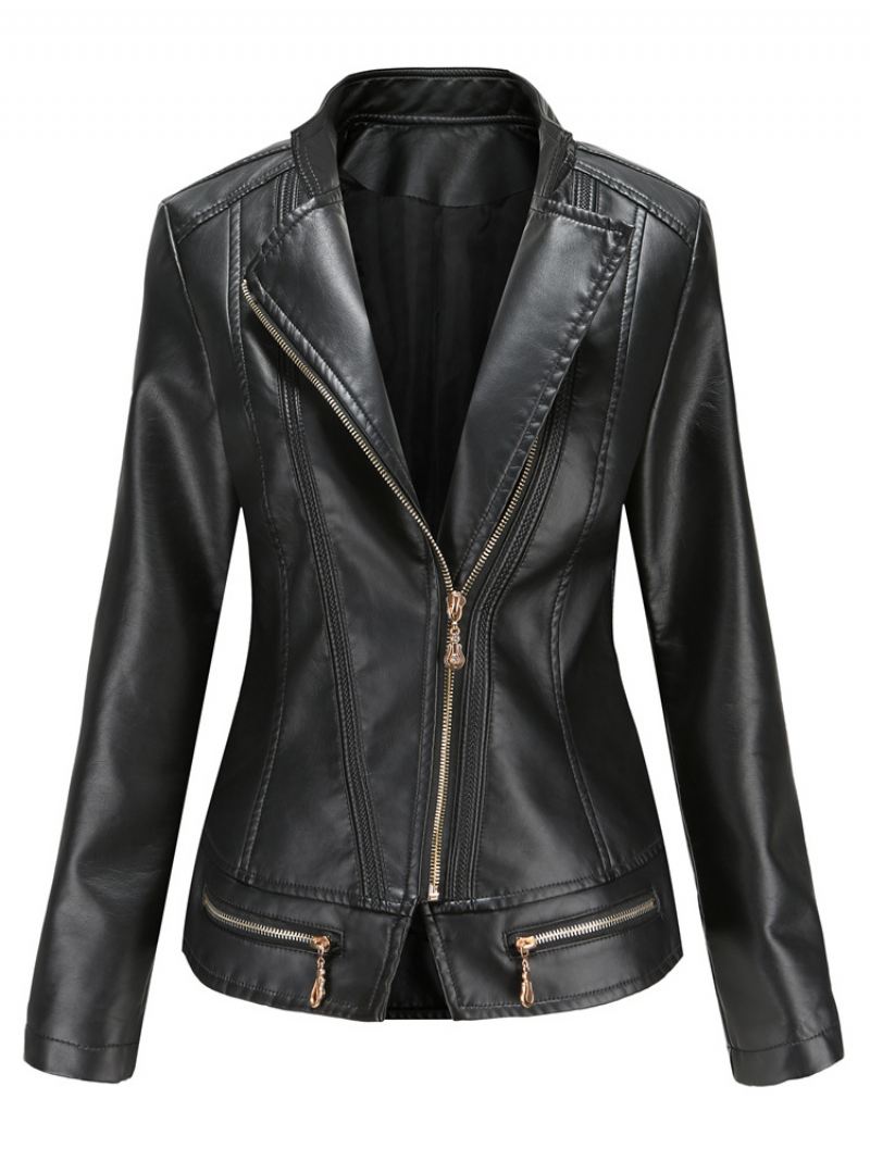 Pu Lederen Motorjas Met Ritssluiting Lente-biker-bovenkleding Dames - Zwart