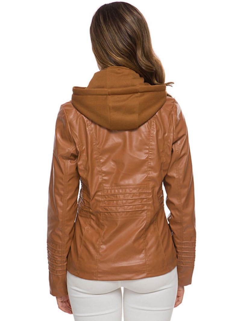 Pu-leren Jas Met Capuchon Lentebovenkleding Dames - Koffiebruin