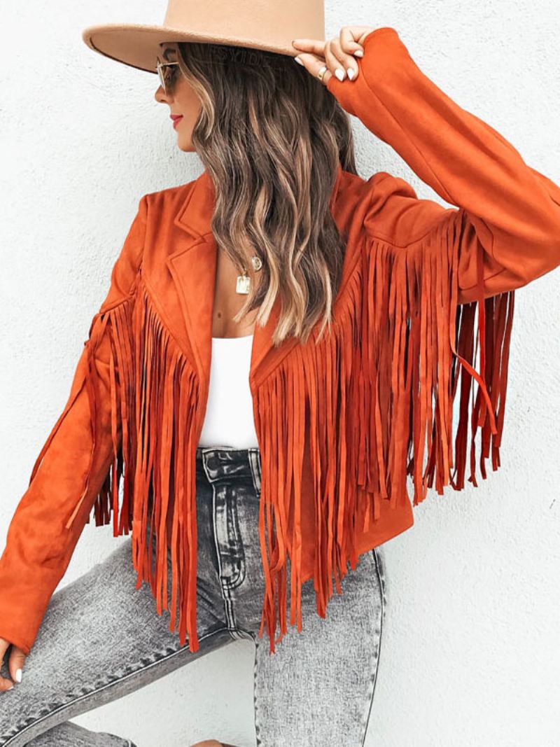 Suede Jack Zwart Kraag Franje Revers Hoge Taille Effen Kleur Oversized Relaxed Fit Lente Herfst Straat Bovenkleding Dames - Oranje Rood