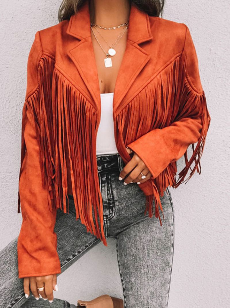 Suede Jack Zwart Kraag Franje Revers Hoge Taille Effen Kleur Oversized Relaxed Fit Lente Herfst Straat Bovenkleding Dames - Oranje Rood