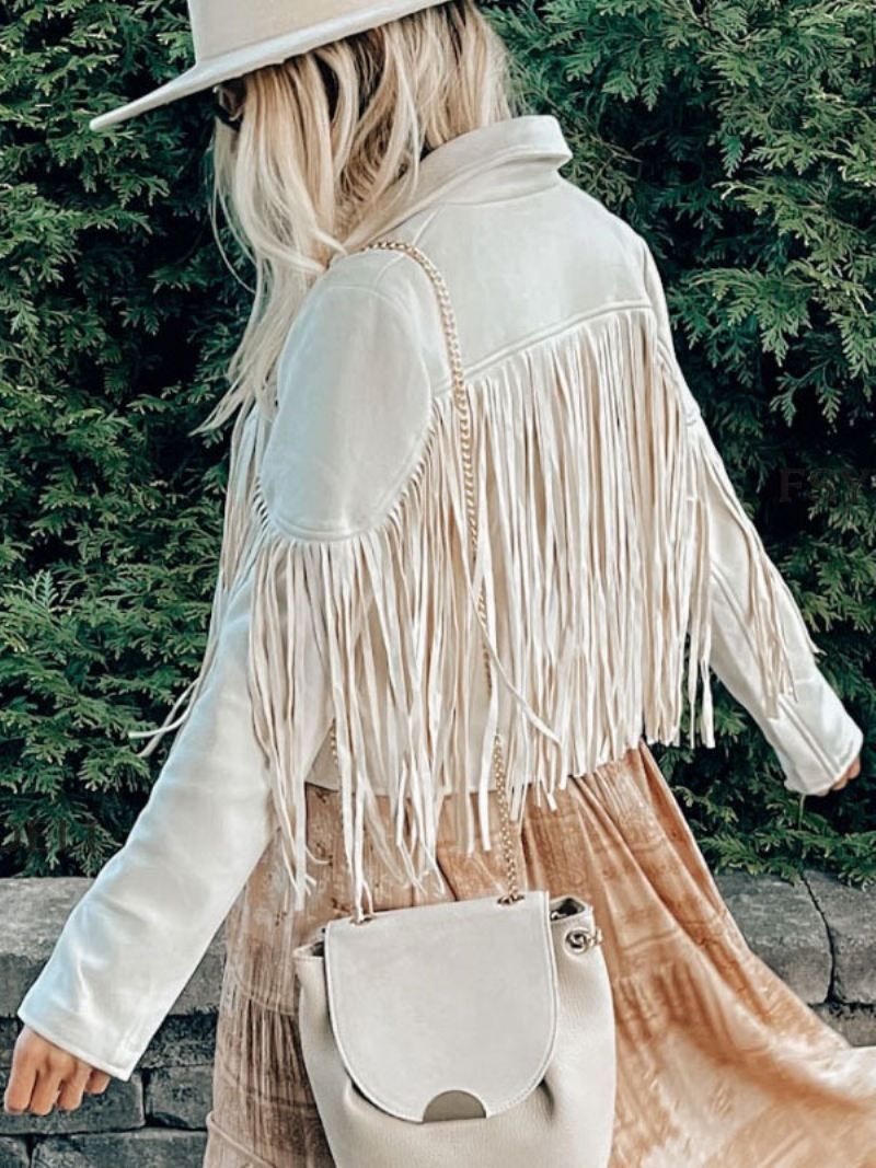 Suede Jack Zwart Kraag Franje Revers Hoge Taille Effen Kleur Oversized Relaxed Fit Lente Herfst Straat Bovenkleding Dames - Beige