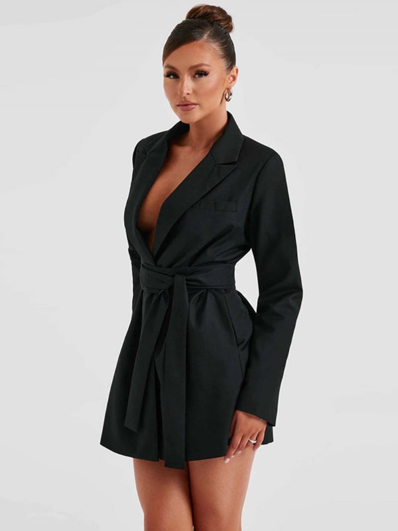 Blazer Met Ceintuur Revers Lange Mouwen Dames Effen Kleur - Zwart