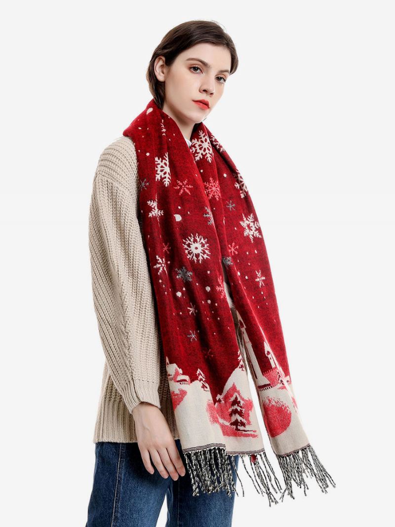 Sjaal Dames Mode Kerstpatroon Franje Winter Warm Acc - Rood