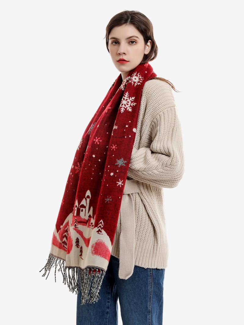 Sjaal Dames Mode Kerstpatroon Franje Winter Warm Acc - Rood